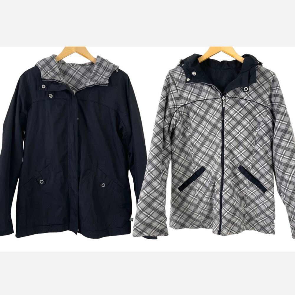 Free Country Reversible Stadium Jacket Womens S Rain Coat Plaid Fleece Hooded